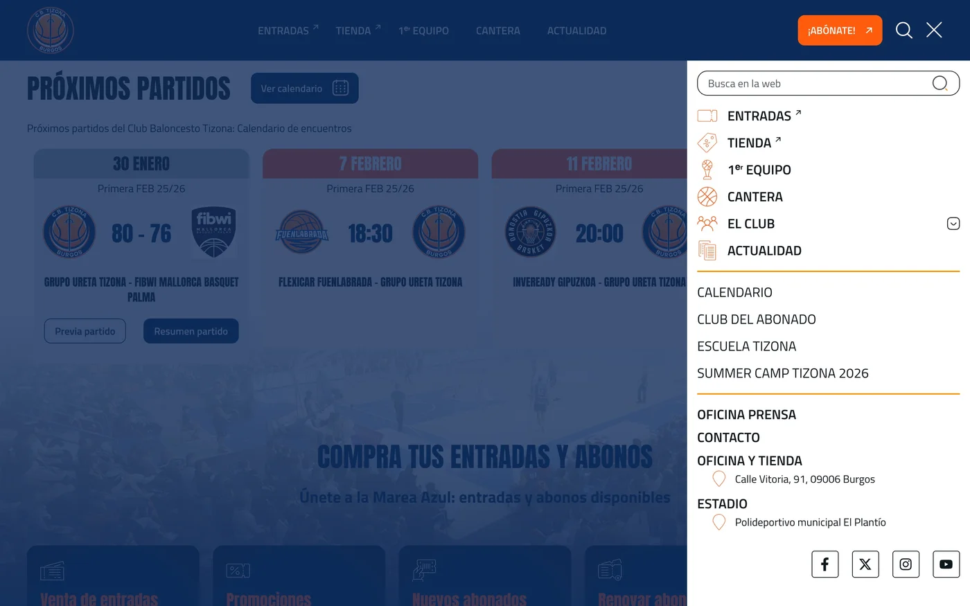 Vista del menú de la web CB Tizona