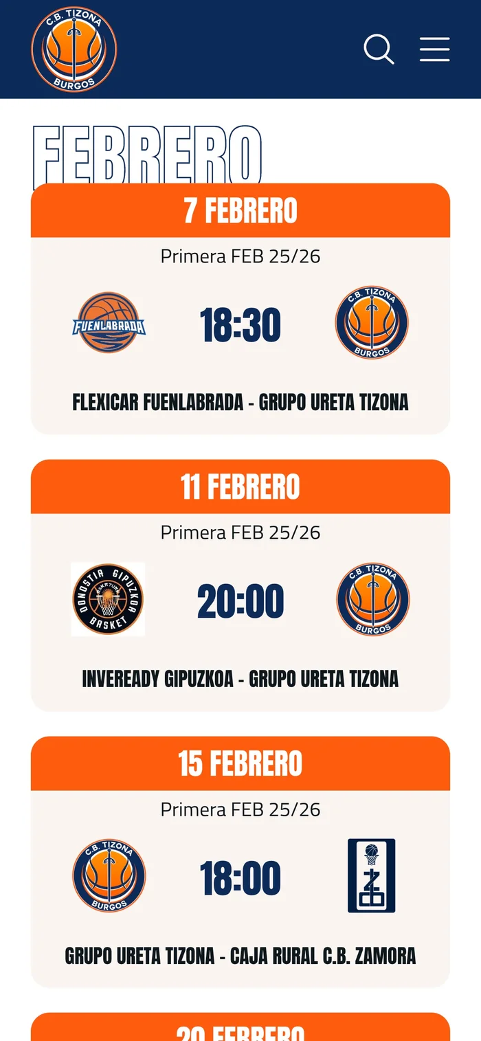 Vista del calendario de partidos de la web CB Tizona