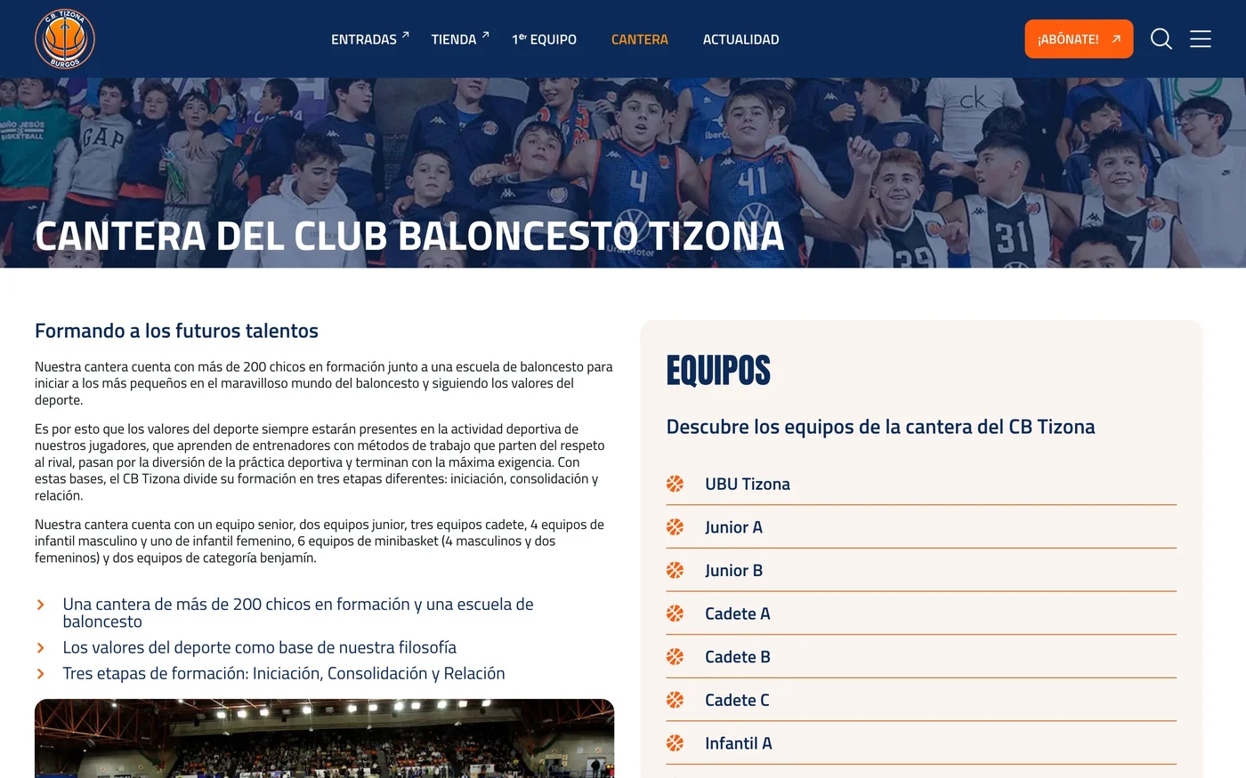 Vista de la cantera de equipos de la web CB Tizona