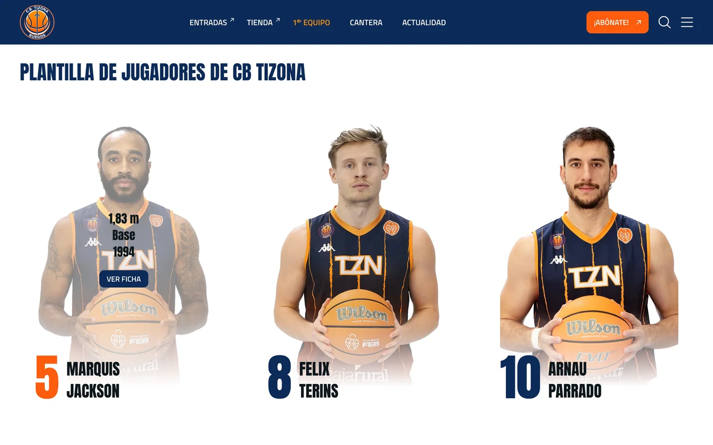 Vista de la plantilla y cuerpo técnico de la web CB Tizona