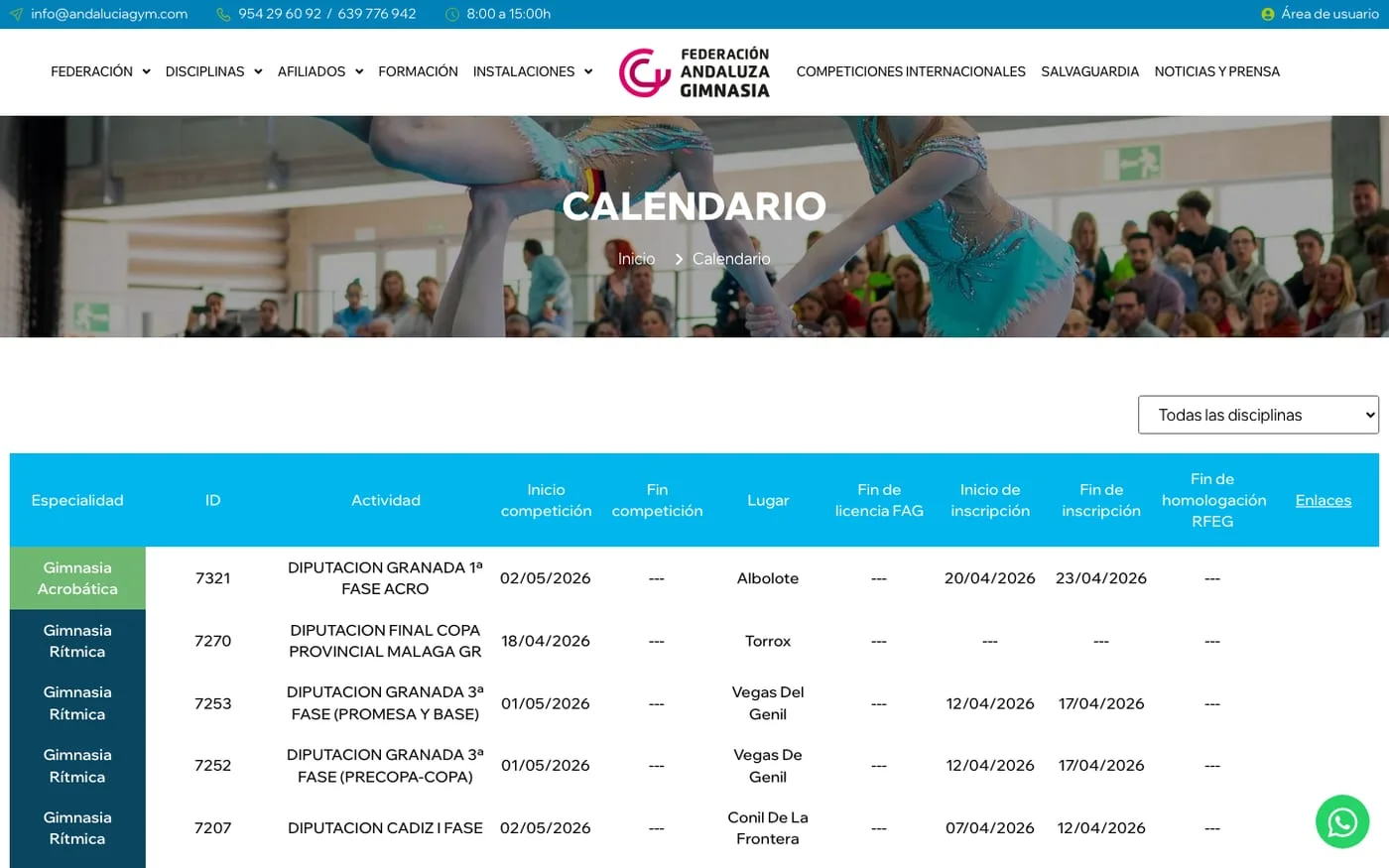 Vista de la web Federación Andaluza de Gimnasia