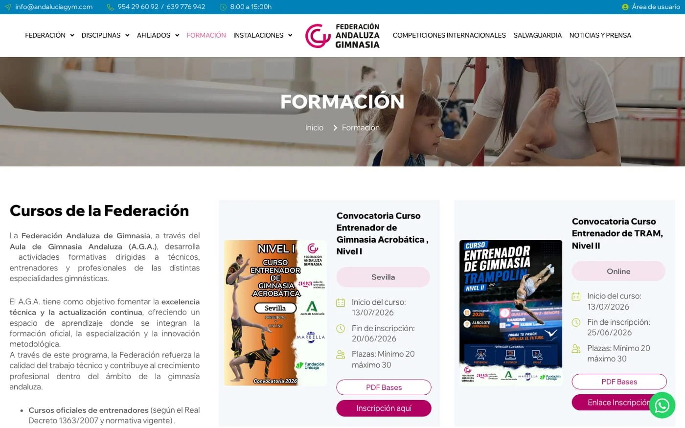 Vista de la web Federación Andaluza de Gimnasia