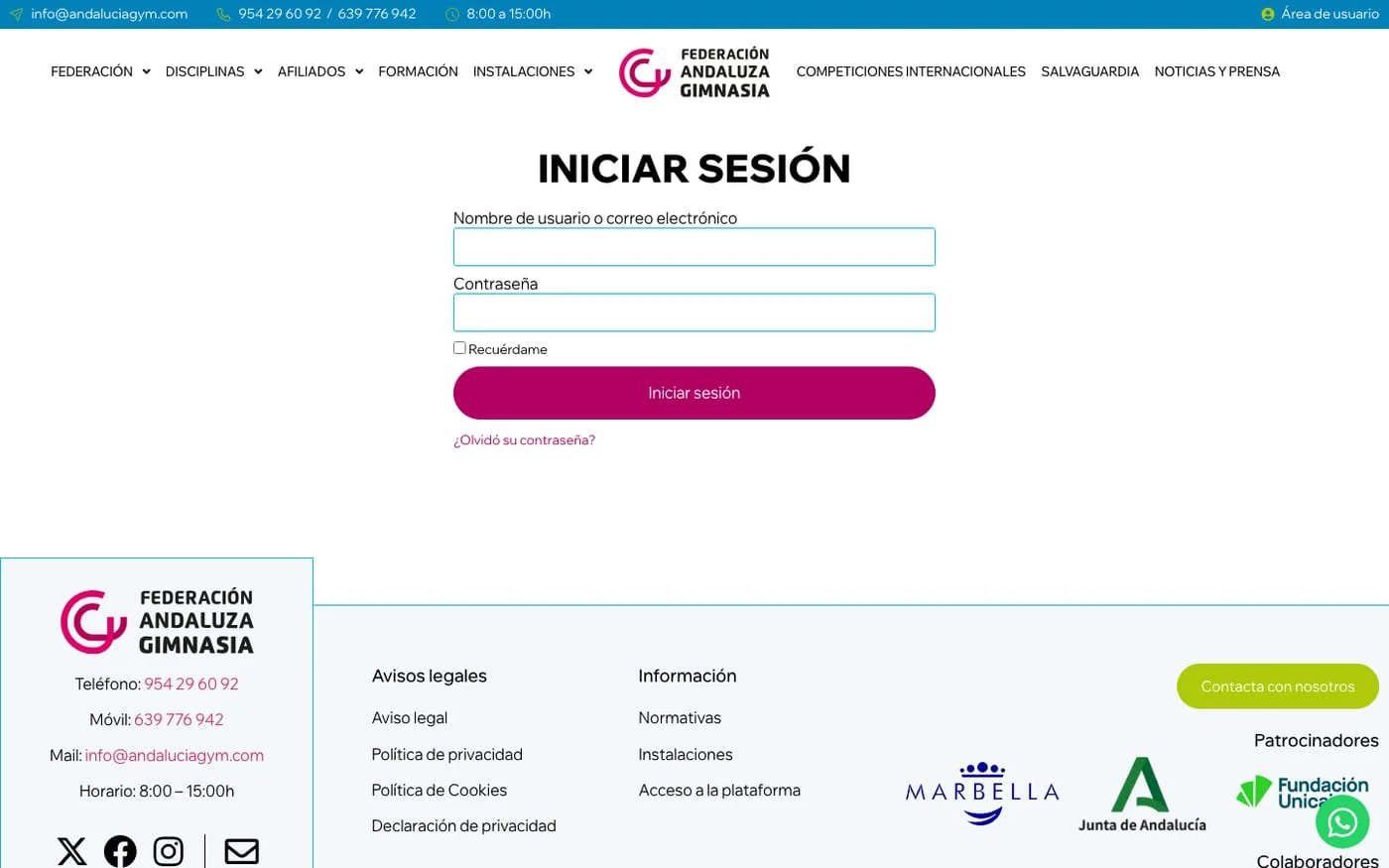 Vista de la web Federación Andaluza de Gimnasia
