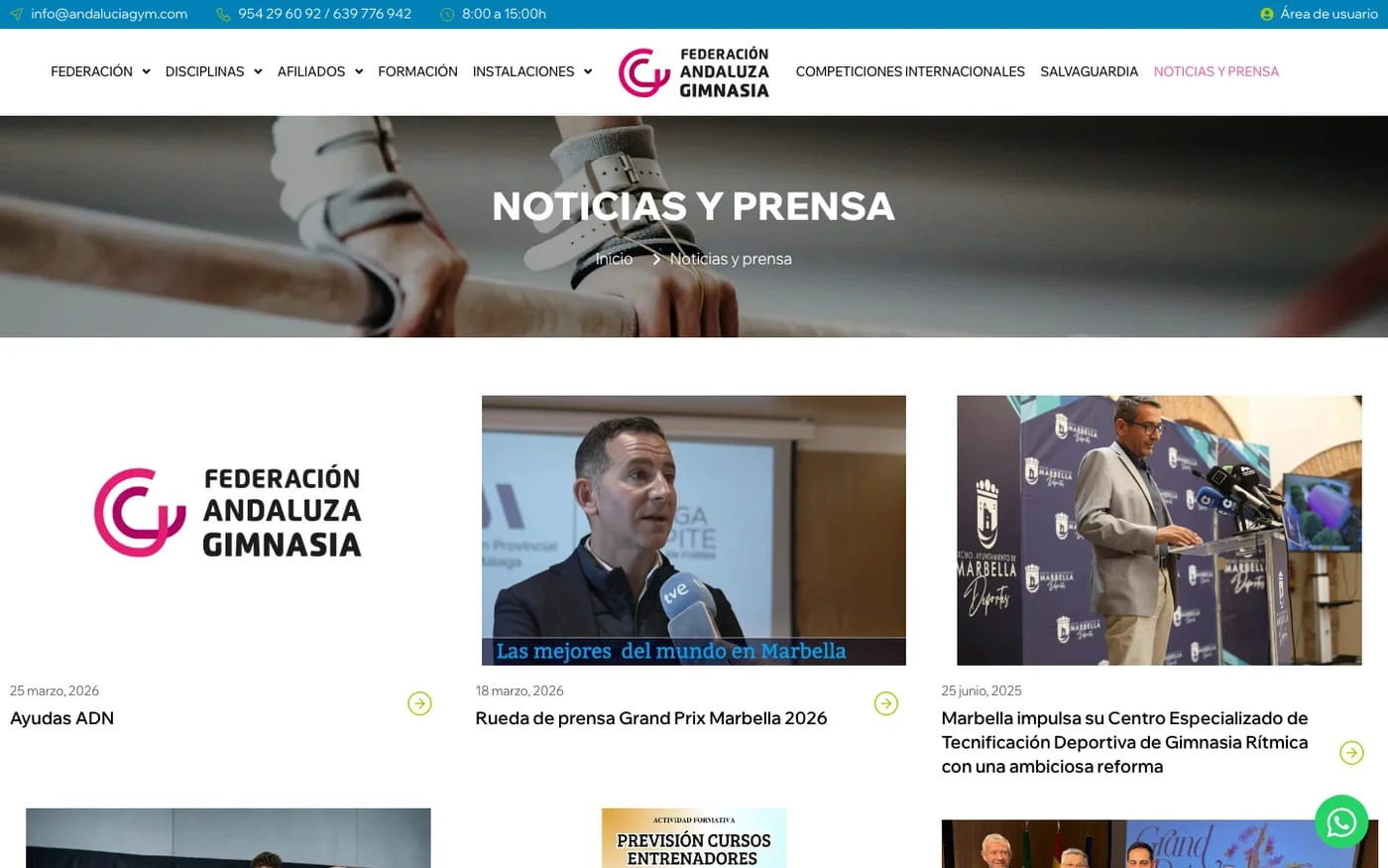 Vista de la web Federación Andaluza de Gimnasia