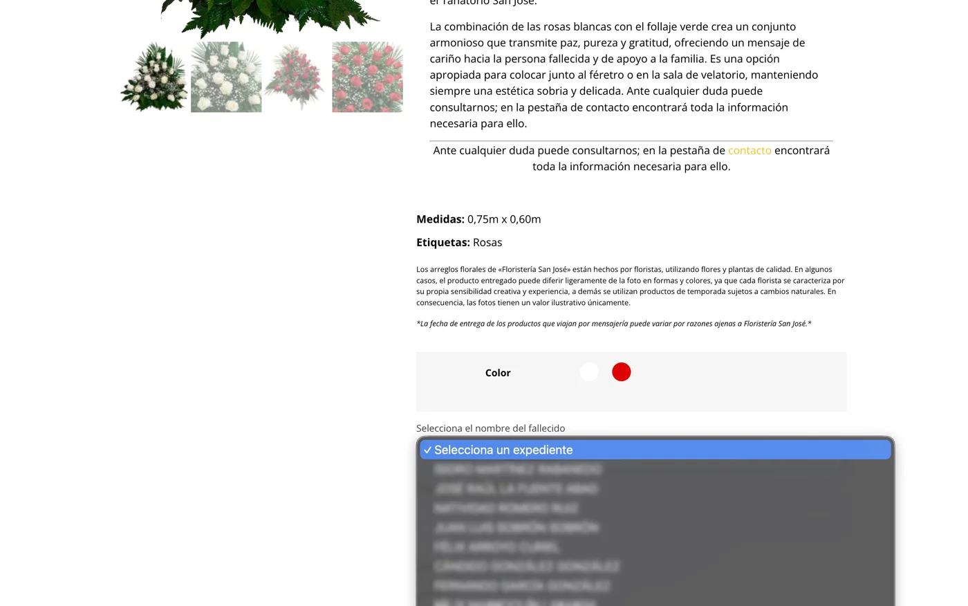 Vista de lista de fallcidos en un producto en la tienda online de la web Funeraria San José