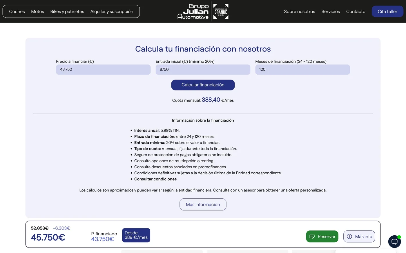 Vista de la financiación de la web GJ Automotive