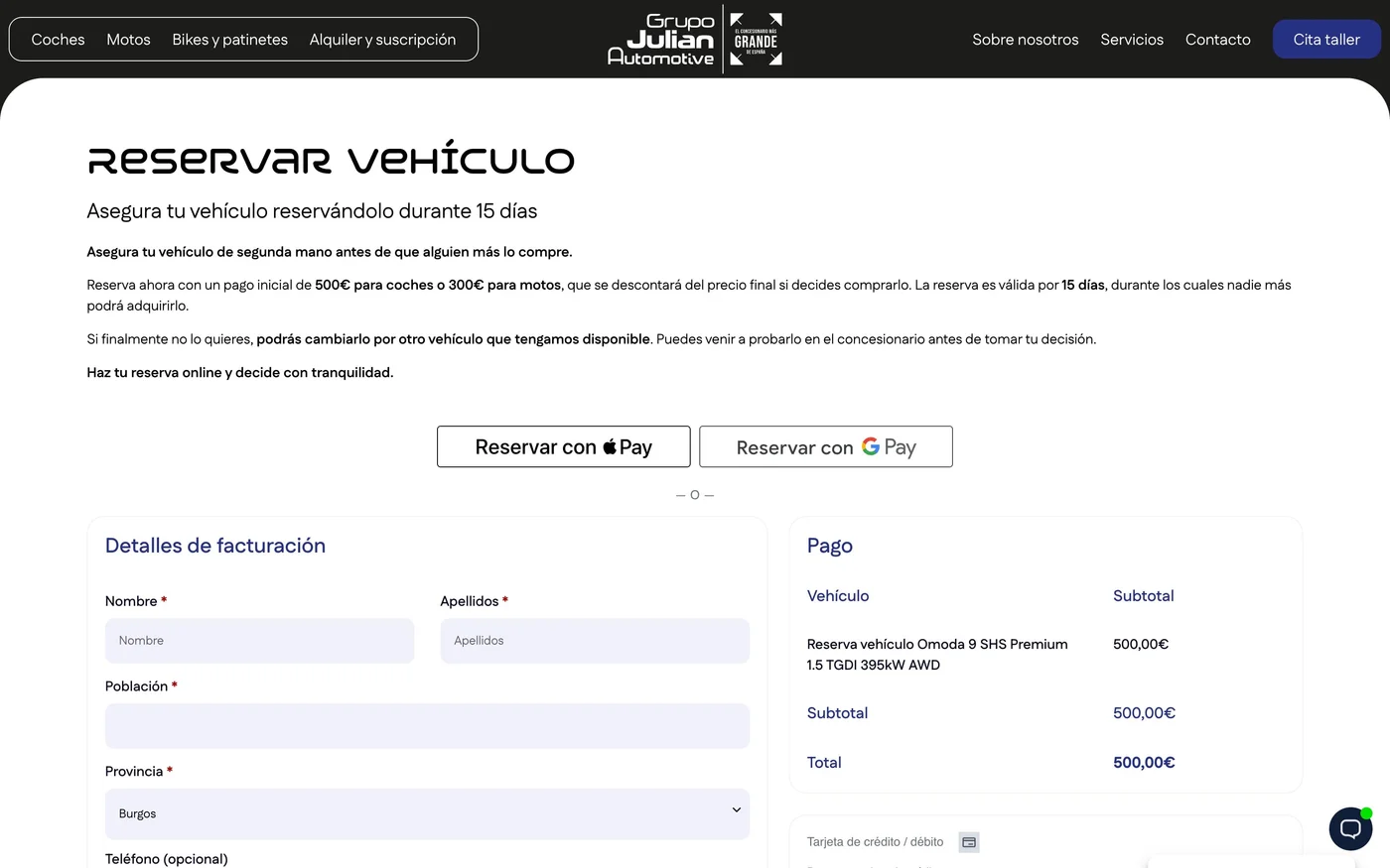 Vista de la reserva de coches de la web GJ Automotive