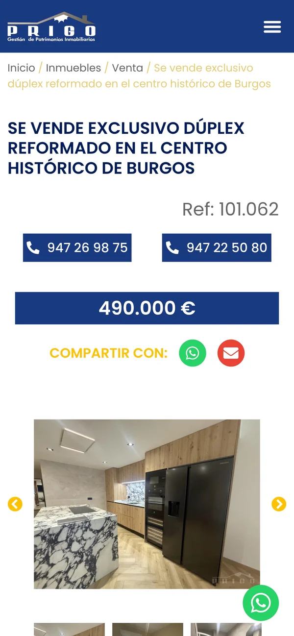 Vista de los datos de un inmueble en la web Prigo Inmobiliaria