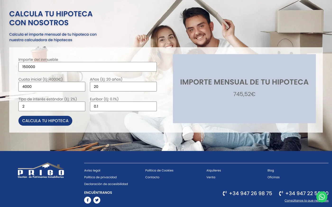 Vista de la calculadora de hipoteca de la web Prigo Inmobiliaria