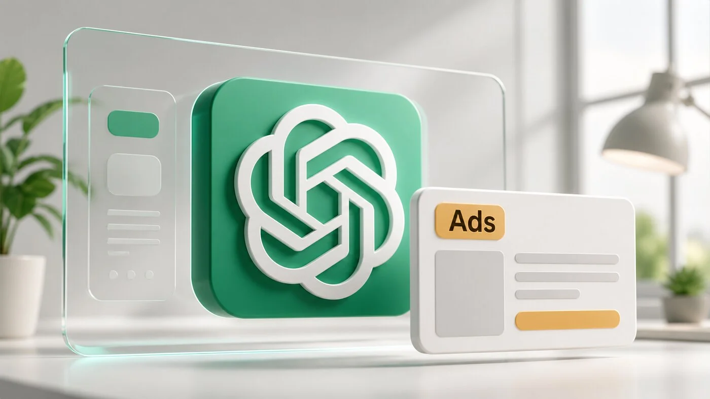 Logo de ChatGPT con la palabra Ads sobre un fondo blanco
