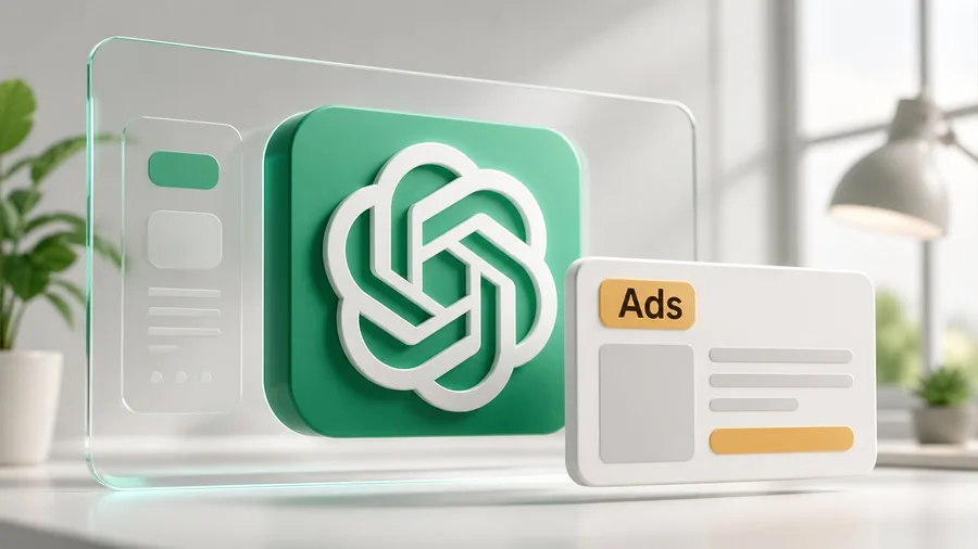 Logo de ChatGPT con la palabra Ads sobre un fondo blanco
