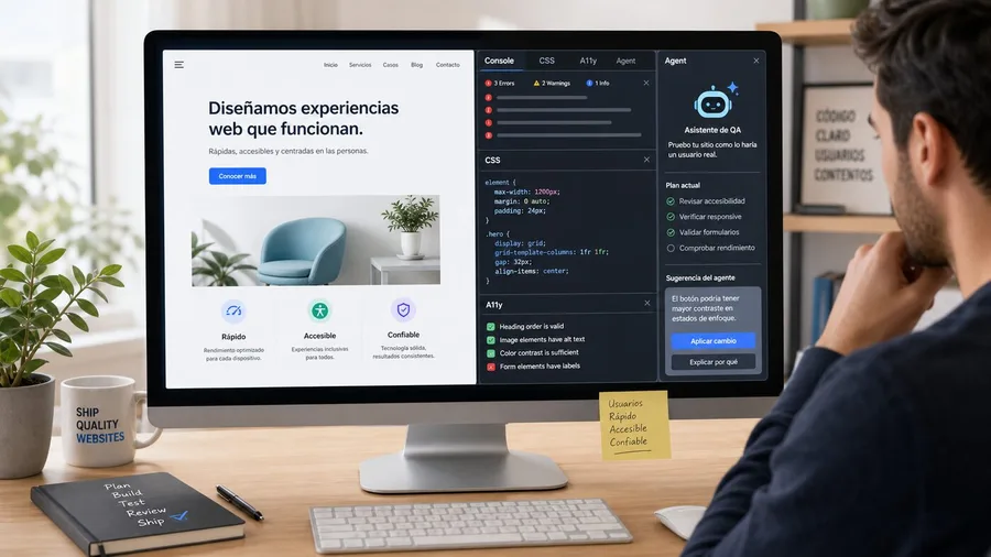 Pantalla con una web abierta, paneles de DevTools y un asistente de inteligencia artificial revisando errores