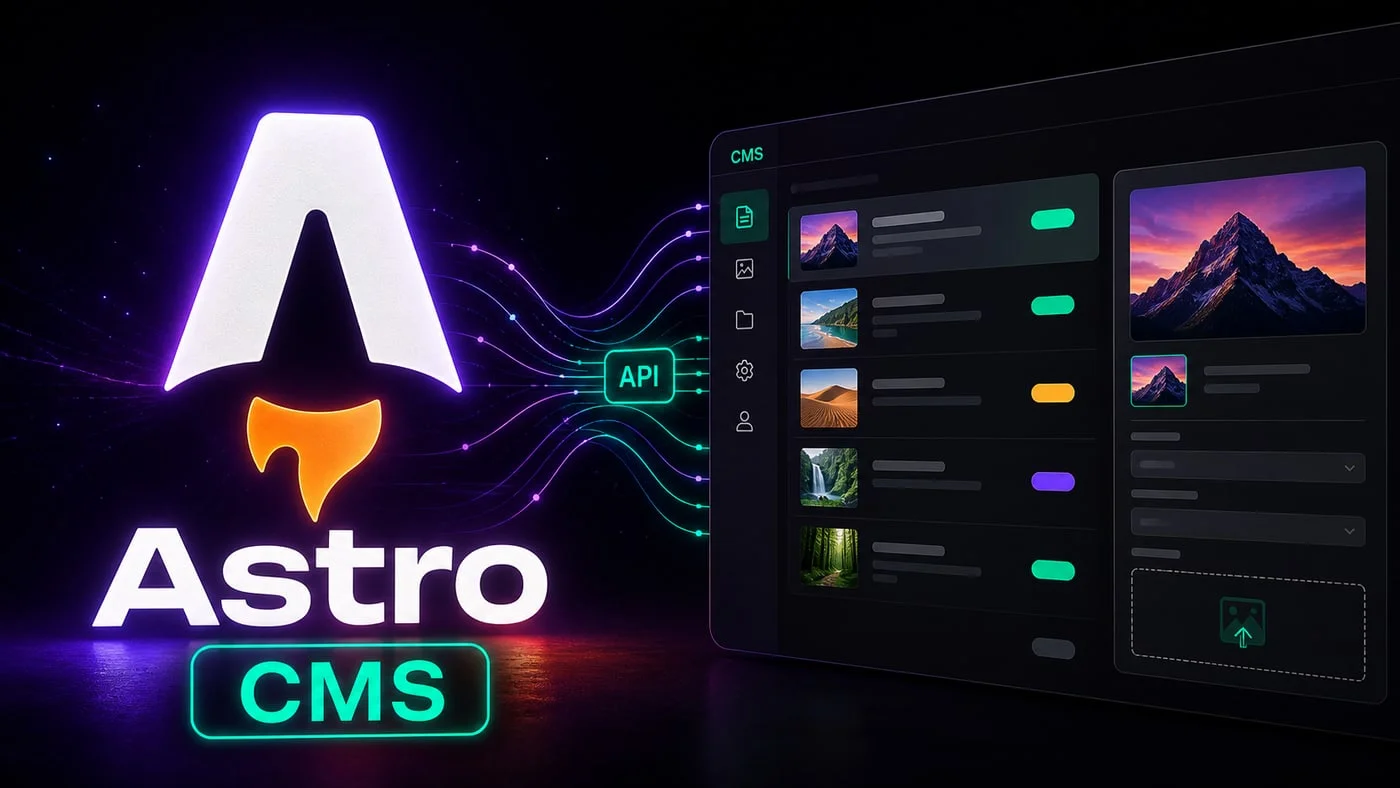 Logo de Astro conectado a una pantalla de CMS simulada mediante una API