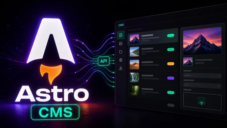 Logo de Astro conectado a una pantalla de CMS simulada mediante una API