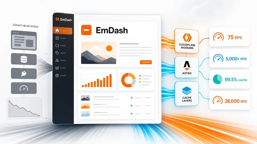 Panel técnico de EmDash con métricas de rendimiento, Astro, Cloudflare Workers y capas de caché