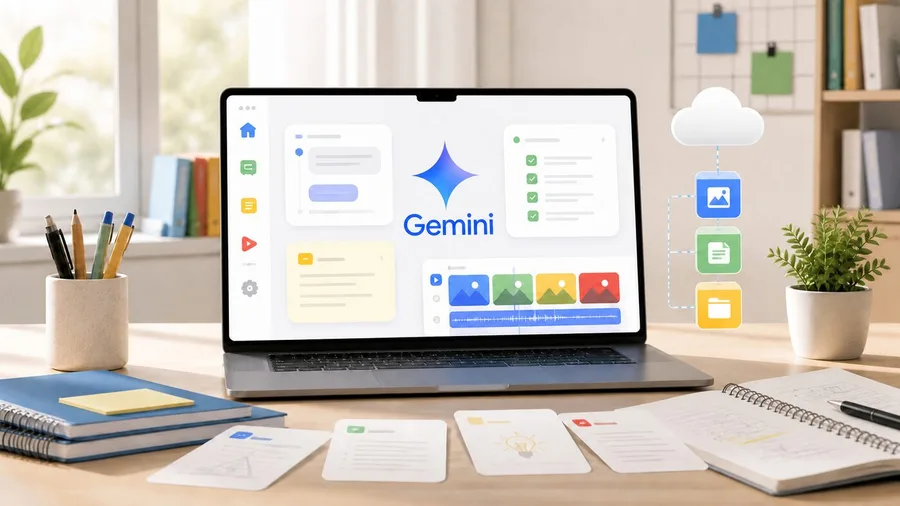 Portátil con una interfaz educativa de Gemini, apuntes y recursos de estudio en la nube