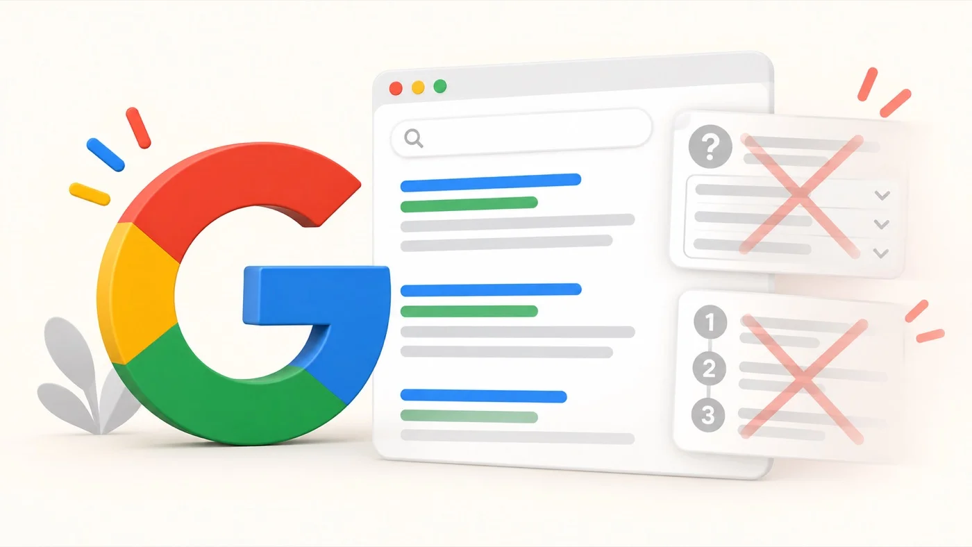 Logo de Google junto a resultados de búsqueda donde las tarjetas de preguntas frecuentes y pasos HowTo aparecen retiradas