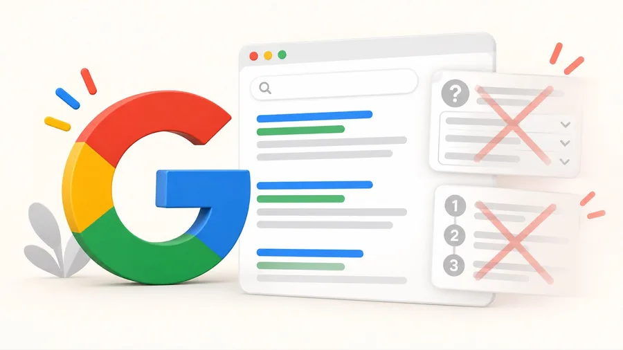 Logo de Google junto a resultados de búsqueda donde las tarjetas de preguntas frecuentes y pasos HowTo aparecen retiradas