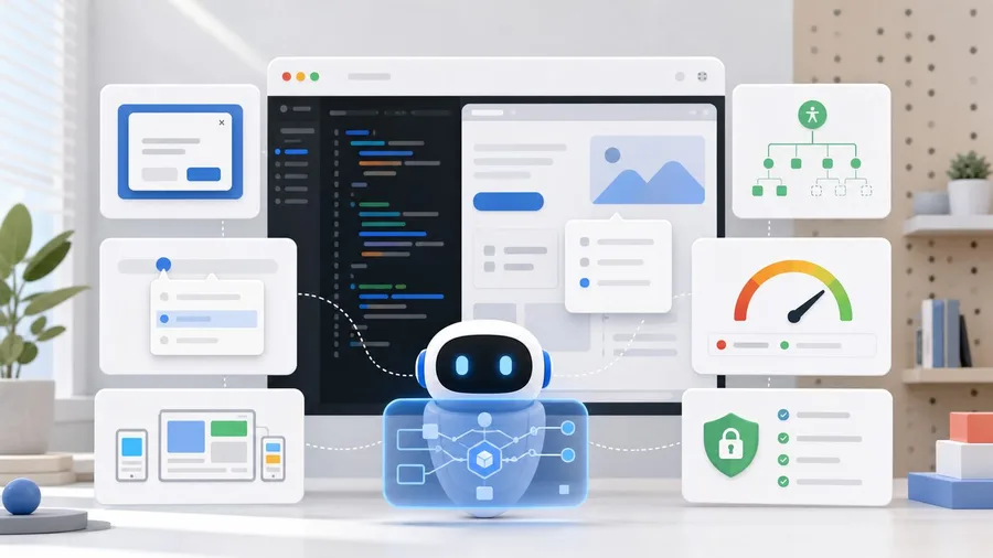 Agente de IA revisando una interfaz web moderna con paneles de accesibilidad, rendimiento y seguridad