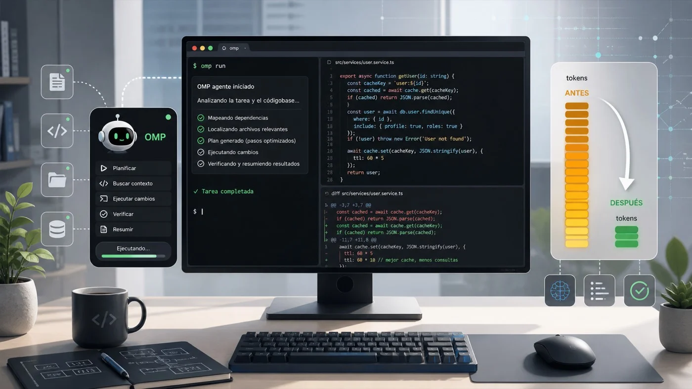 Panel de Oh My Pi con terminal, agente de IA y medidor de tokens antes y después