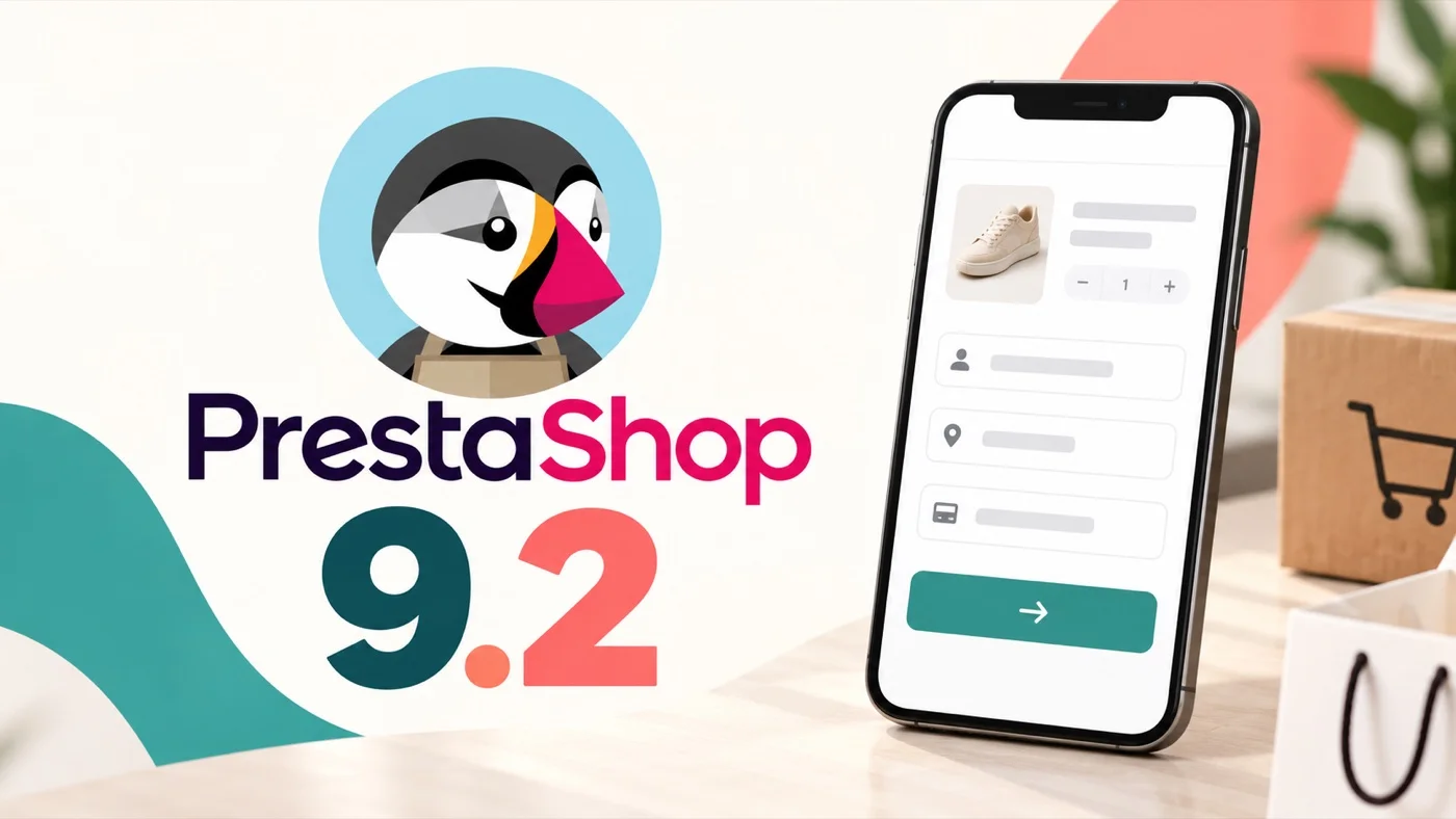 Logo de PrestaShop y versión 9.2 junto a un móvil con un checkout en una página