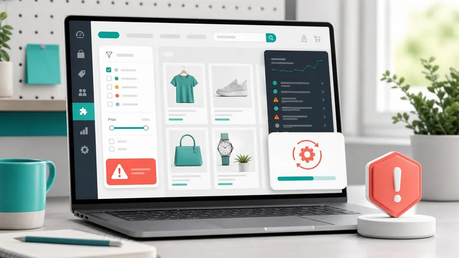 Panel de tienda PrestaShop con filtros de productos, aviso de seguridad y actualización de módulo