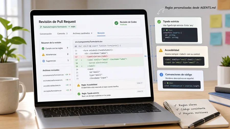 Portátil con una revisión de pull request y reglas personalizadas de Codex