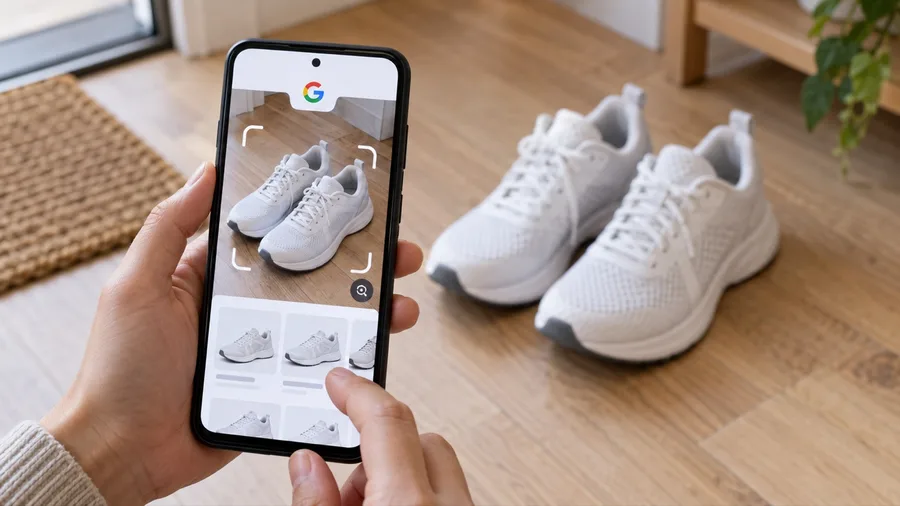 Móvil haciendo una búsqueda visual de Google sobre unas zapatillas blancas