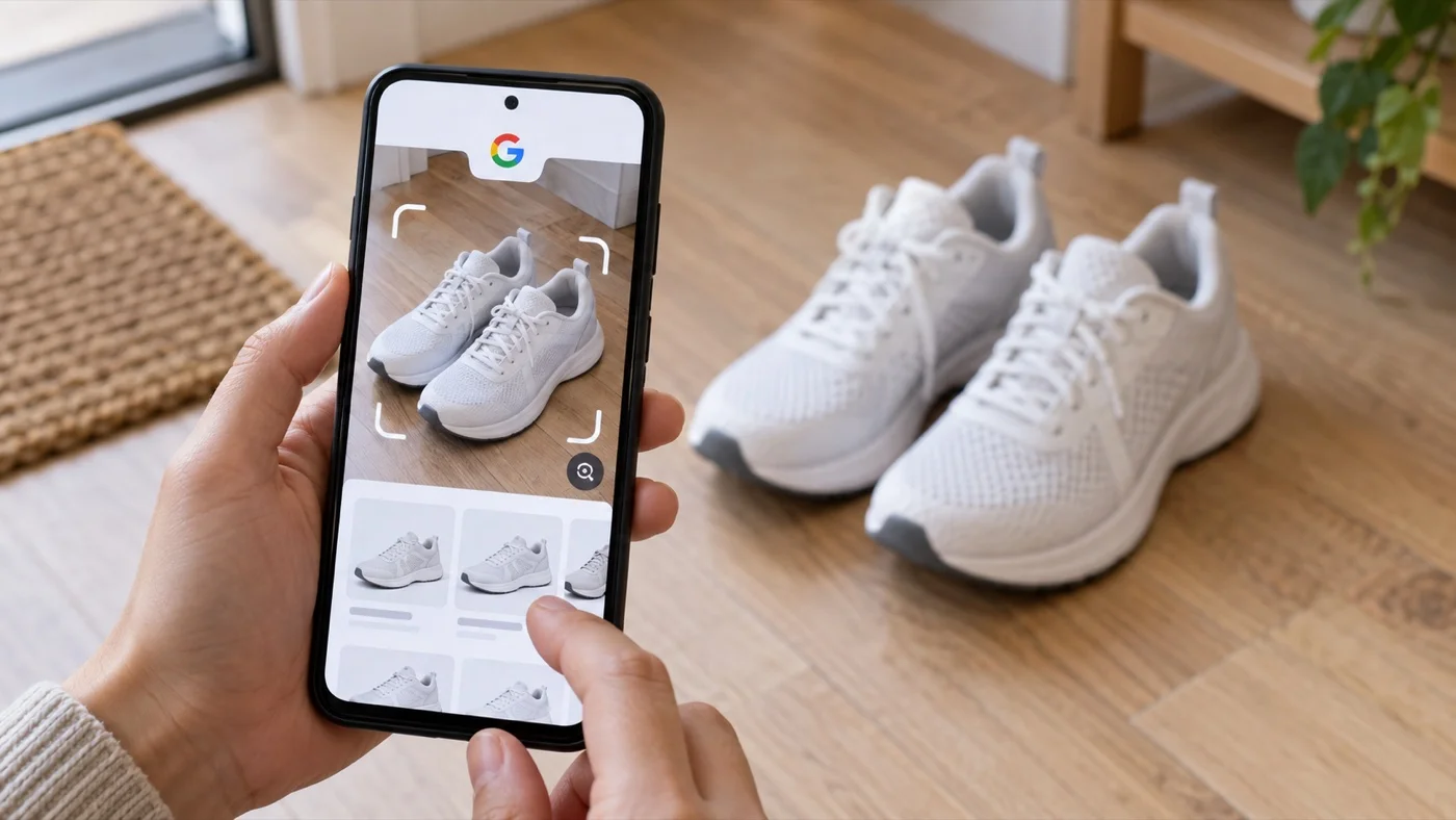 Móvil haciendo una búsqueda visual de Google sobre unas zapatillas blancas