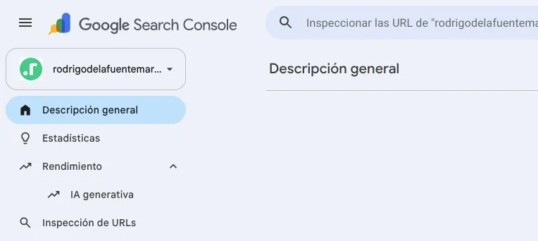 Menú de Google Search Console con el apartado IA generativa dentro de Rendimiento
