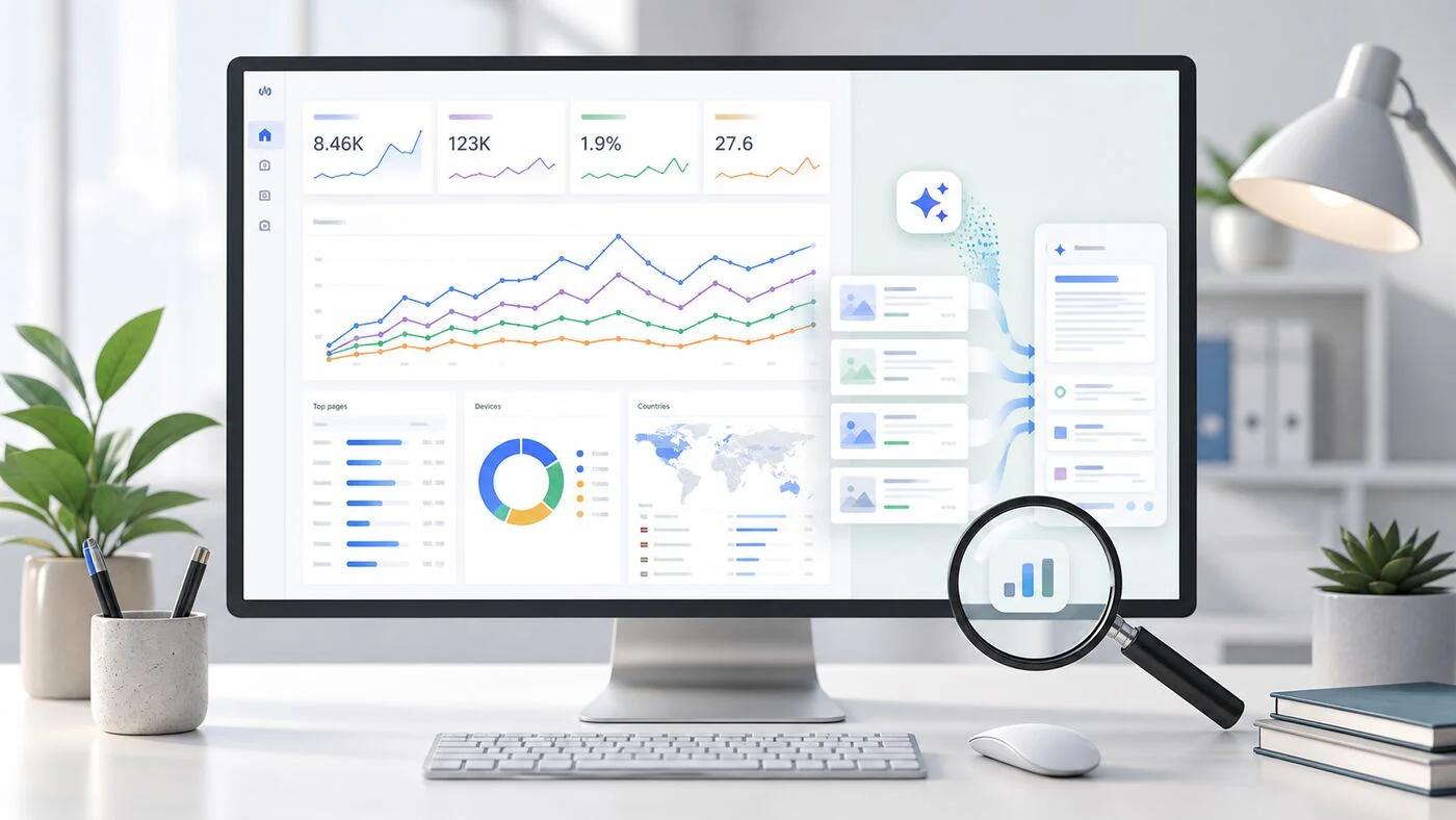 Panel de analítica web con resultados de búsqueda generativa e indicadores de visibilidad SEO