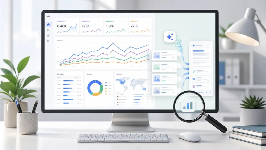 Panel de analítica web con resultados de búsqueda generativa e indicadores de visibilidad SEO