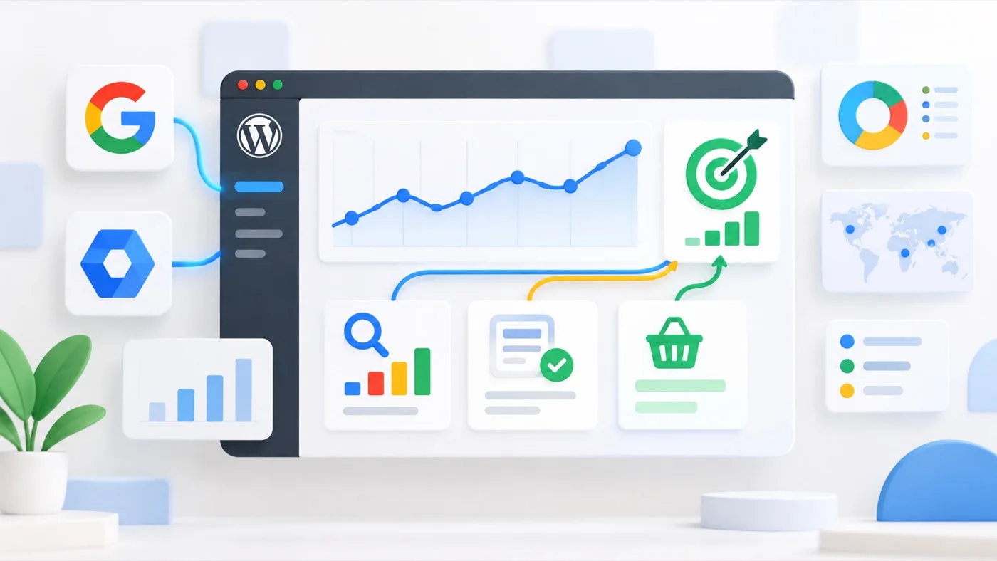 Panel de WordPress con métricas de Google Search, Analytics, formularios y ventas conectadas a objetivos de conversión