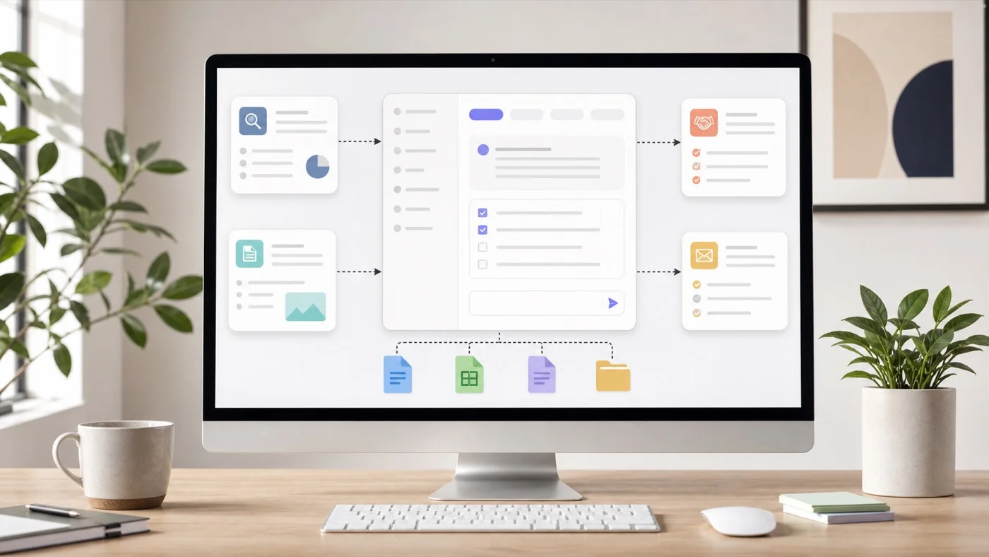 Pantalla con flujos reutilizables de inteligencia artificial para revisar tareas de negocio