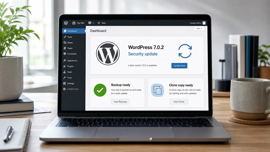 Panel de WordPress con actualización de seguridad, copia de seguridad y clon de la web