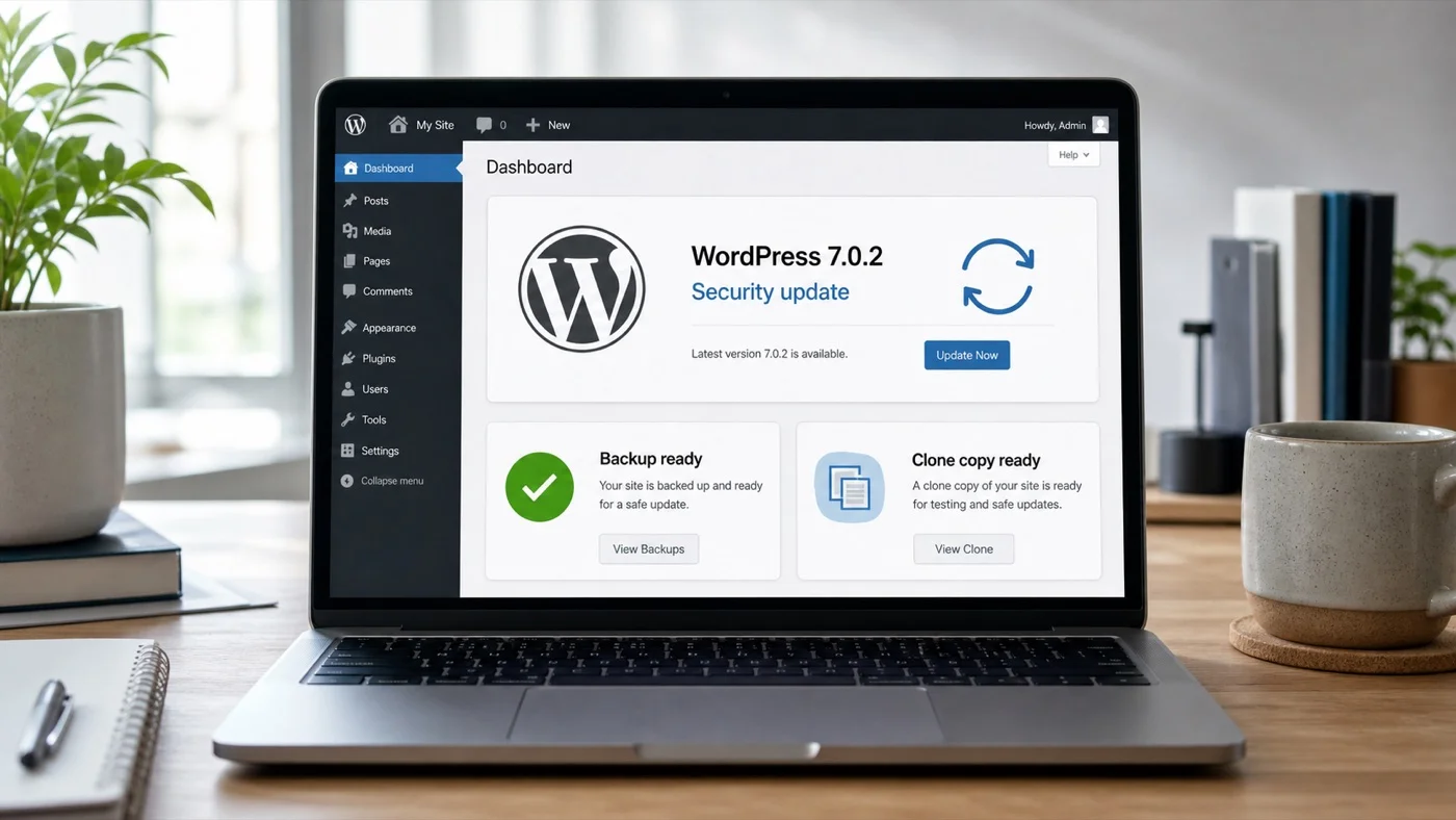 Panel de WordPress con actualización de seguridad, copia de seguridad y clon de la web