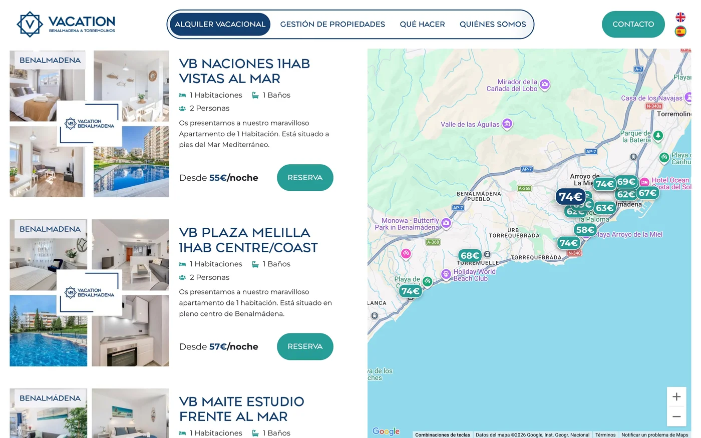 Vista de la web Vacation Benalmádena & Torremolinos