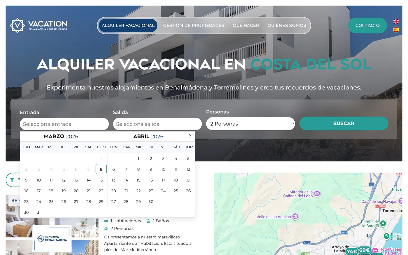 Vista de la web Vacation Benalmádena & Torremolinos